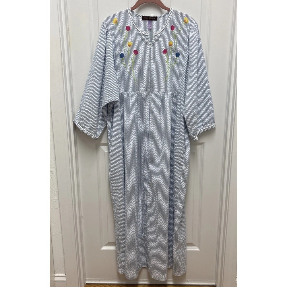 Vintage Stan Herman Seersucker Blue And White Striped Embroidered Dress‎ - 1X